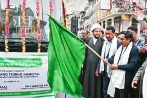 MP Ladakh flags off school bus for Jaffariya Academy of Modern Education Kargil